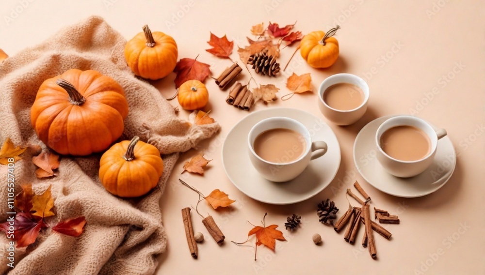 Experience the warmth of home during autumn. Top view photo of cozy cute pleid, hot coffee, pumpkins on the plate, cinnamon sticks, dry autumn leaves on pastel beige background with ad zone
