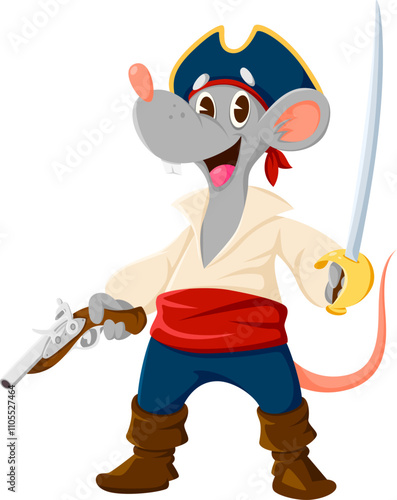Cartoon rat or mouse animal pirate and corsair character. Isolated vector charming and brave rodent sailor or captain kids story personage with sword and gun, ready for adventure on the high seas
