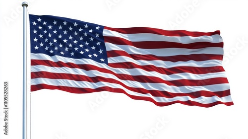 American flag waving on white background: symbol of freedom and democracy