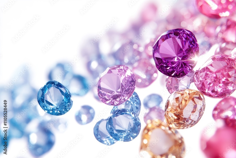Colorful diamonds sparkling on white background: luxury and precious gems Colorful diamonds sparkling on white background: luxury and precious gems
