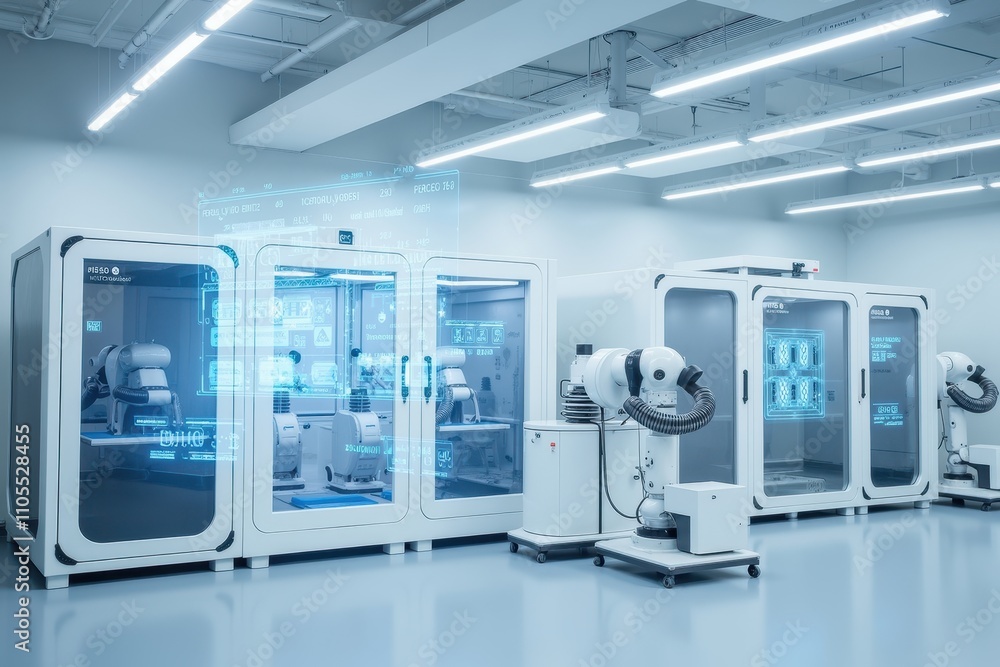 High-Tech Factory Interior Showcasing Advanced AI Robotics and Futuristic Machinery for Automation and Production Efficiency in Modern Manufacturing Environment High-Tech Factory Interior Showcasing Advanced AI Robotics and Futuristic Machinery for Automation and Production Efficiency in Modern Manufacturing Environment