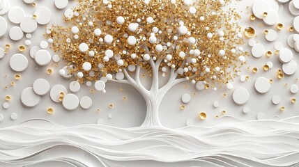 Abstract art design with white tree, gold details. Decorative tree with white circles, gold elements. Modern style 3d wallpaper with decorative elements. White background with gold details. Stylish