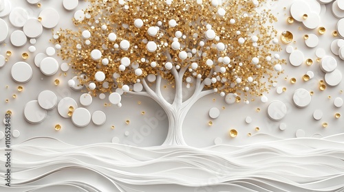 Abstract art design with white tree, gold details. Decorative tree with white circles, gold elements. Modern style 3d wallpaper with decorative elements. White background with gold details. Stylish