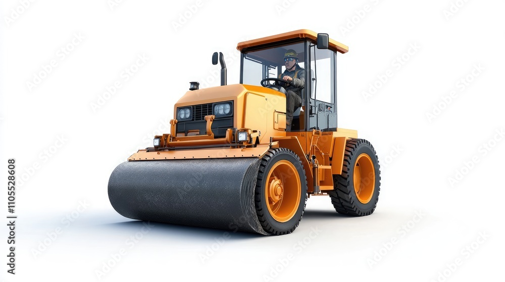A male construction worker operates a bright orange roller on a construction site. A male construction worker operates a bright orange roller on a construction site.