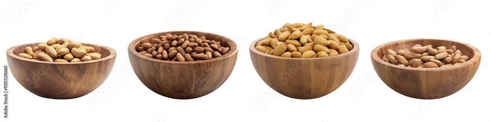Peanut in a wooden bowl isolated on transparent background, Set of Peanut in a wooden bowl isolated on transparent background, Set of