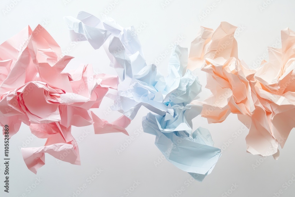 Crumpled paper balls floating in pastel colors on white background Crumpled paper balls floating in pastel colors on white background