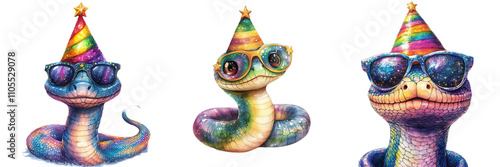 Colorful snakes wearing party hats and sunglasses, displaying playful expressions and vibrant patterns.