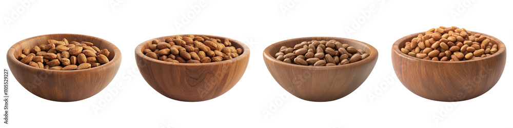 Peanut in a wooden bowl isolated on transparent background, Set of Peanut in a wooden bowl isolated on transparent background, Set of