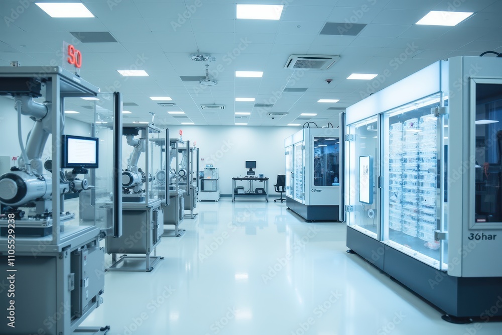 Obraz premium Modern AI-Driven Factory Interior Featuring Advanced Robotics and Automation Technology for Efficient Manufacturing Processes