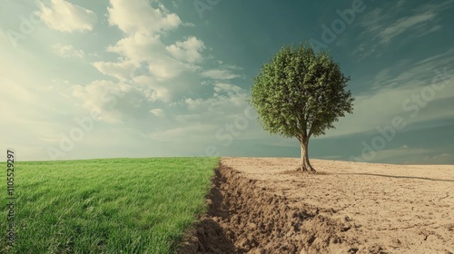 A solitary tree stands resiliently between lush green grass and parched soil, symbolizing nature's stark contrasts. photo