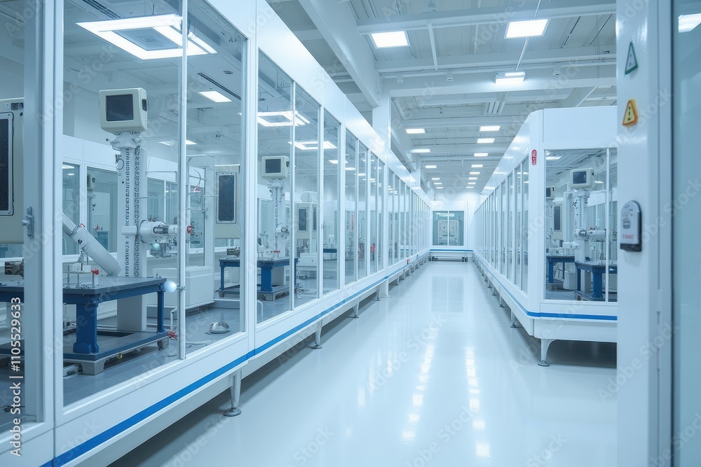 Modern Factory Interior Featuring Robotics and Advanced Technology for AI Innovations in a Clean, Bright Environment Modern Factory Interior Featuring Robotics and Advanced Technology for AI Innovations in a Clean, Bright Environment