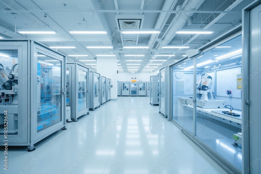 Modern Factory Interior Featuring Advanced AI Technology and Automated Machinery in a Bright, High-Tech Environment with Glass Enclosures and Clean Design Modern Factory Interior Featuring Advanced AI Technology and Automated Machinery in a Bright, High-Tech Environment with Glass Enclosures and Clean Design