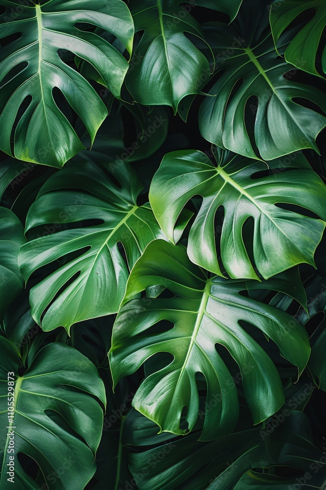 Obraz premium Dense monstera leaves fill the space, showcasing intricate shapes and rich green hues. The natural arrangement evokes a feeling of a tropical paradise, enhancing indoor aesthetics