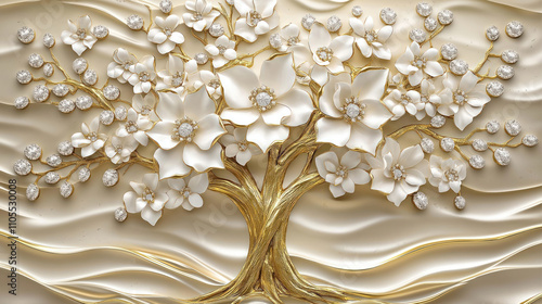 Luxury gold tree with white flowers. Elegant design with 3D effect. Diamonds embellish flowers, branches. Suitable for wallpaper murals. Sophisticated, luxurious style. Perfect for high-end decor.