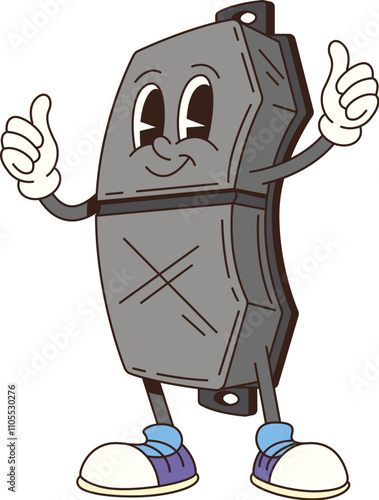 Cartoon retro groovy car brake shoe character with funny face, vector comic car spare part emoji. Groovy retro cartoon car brake pad with funky smile and thumb up gesture for automobile repair service