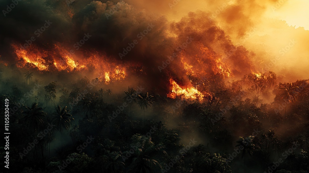Fototapeta premium A devastating wildfire engulfs a tropical forest at dusk, casting an orange glow over the darkening sky.