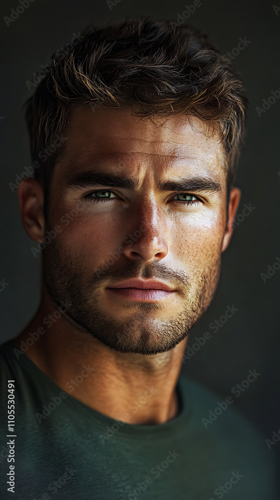 tall man with broad shoulders and muscular build, showcasing strong facial features and intense blue eyes. His short, styled hair complements his confident expression tall man with broad shoulders and muscular build, showcasing strong facial features and intense blue eyes. His short, styled hair complements his confident expression