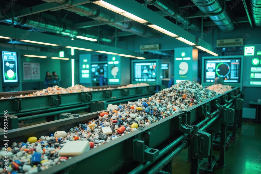 custom made wallpaper toronto digitalModern Recycling Facility Interior Showcasing Waste Sorting Process with Colorful Plastic Materials and Information Screens for Environmental Awareness