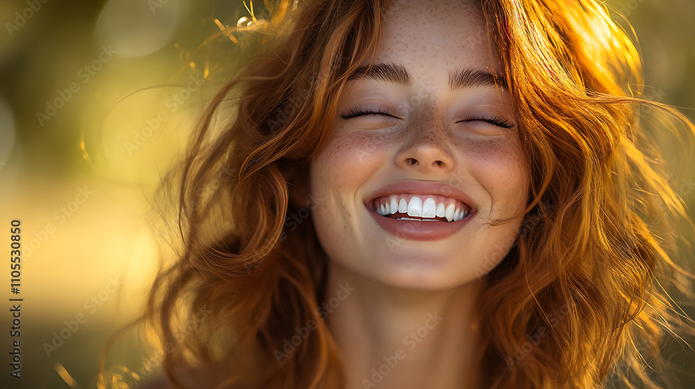 Smiling woman with curly red hair, enjoying sunny day outdoors, radiating happiness and joy. Her bright smile and freckles add to her cheerful expression Smiling woman with curly red hair, enjoying sunny day outdoors, radiating happiness and joy. Her bright smile and freckles add to her cheerful expression