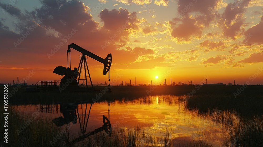 A striking sunset casts vibrant colors over an oil pumpjack silhouetted by a tranquil lake, highlighting industrial beauty. A striking sunset casts vibrant colors over an oil pumpjack silhouetted by a tranquil lake, highlighting industrial beauty.