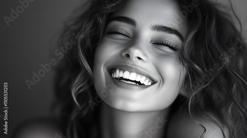 Beautiful woman laughing with curly hair, expressing joy and happiness. Her bright smile radiates positivity and warmth, creating inviting atmosphere