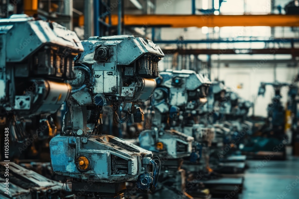 Robots lined up in industrial facility ready for automation tasks Robots lined up in industrial facility ready for automation tasks