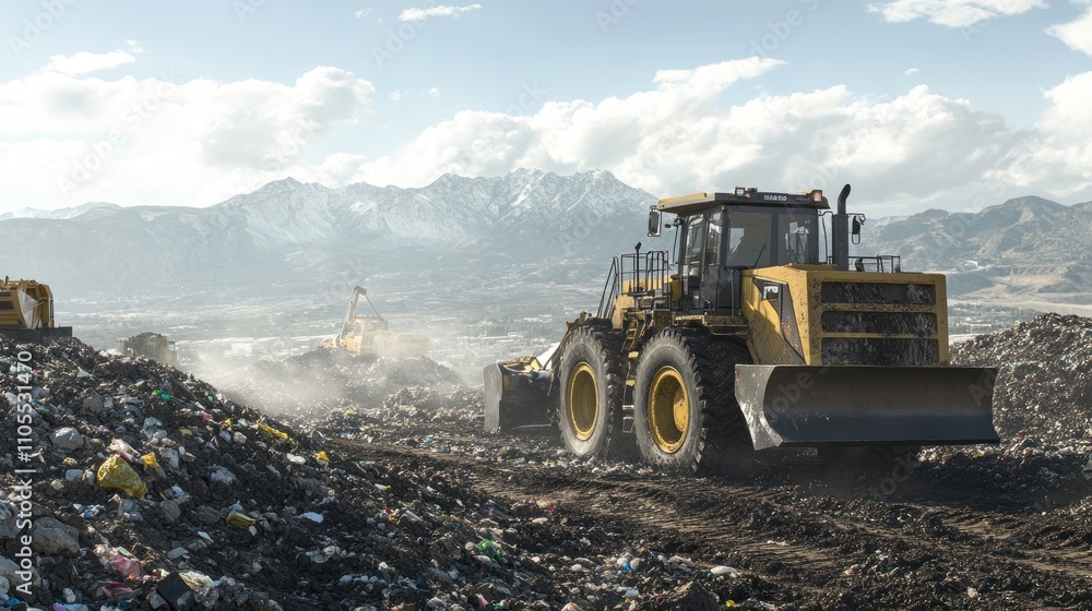 Heavy machinery on a landfill site, moving waste and debris in an industrial setting. Heavy machinery on a landfill site, moving waste and debris in an industrial setting.