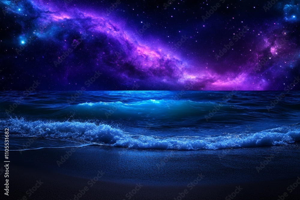 Starry Night Sky with Purple Nebula Over Calm Ocean Waves Starry Night Sky with Purple Nebula Over Calm Ocean Waves