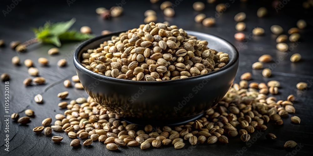 Close-Up Macro Photography of Organic Hemp Kernels in a Black Bowl, Showcasing Their Natural Texture and Color Variations for Culinary and Health Uses Close-Up Macro Photography of Organic Hemp Kernels in a Black Bowl, Showcasing Their Natural Texture and Color Variations for Culinary and Health Uses