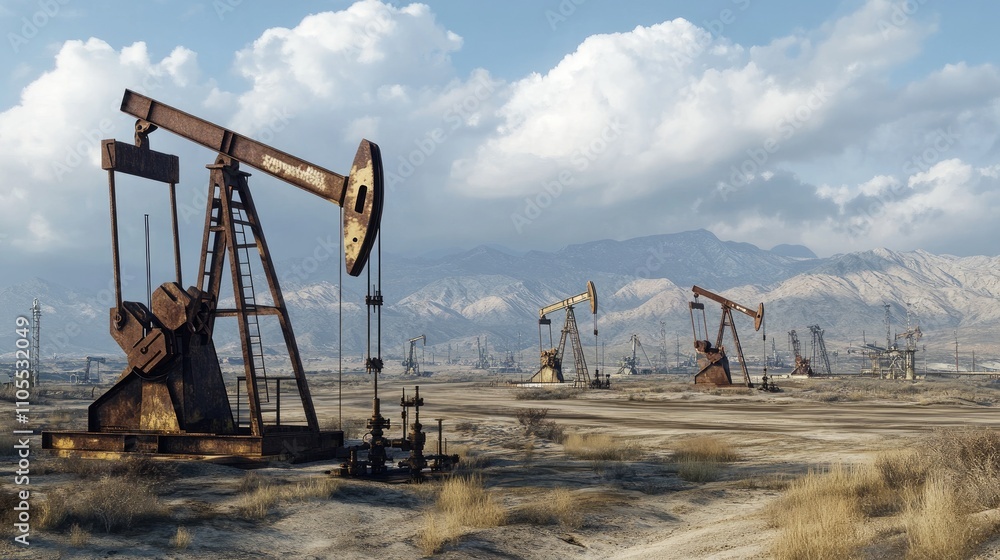 Rusty oil pumps in a desolate field under a cloudy sky, depicting the remnants of industrial activity. Rusty oil pumps in a desolate field under a cloudy sky, depicting the remnants of industrial activity.