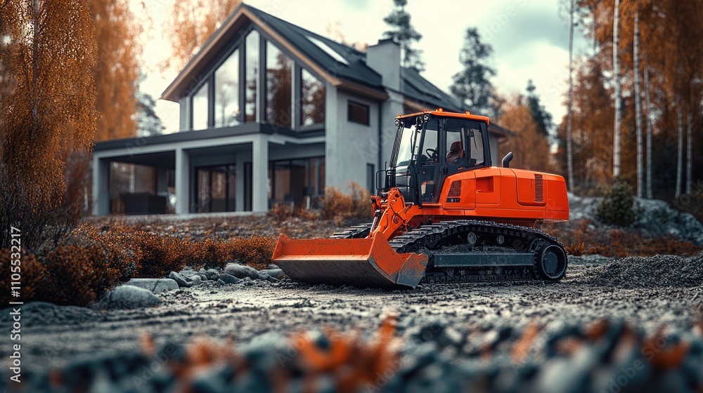 A vibrant orange bulldozer parked near a modern house, surrounded by fall foliage in a serene setting. A vibrant orange bulldozer parked near a modern house, surrounded by fall foliage in a serene setting.
