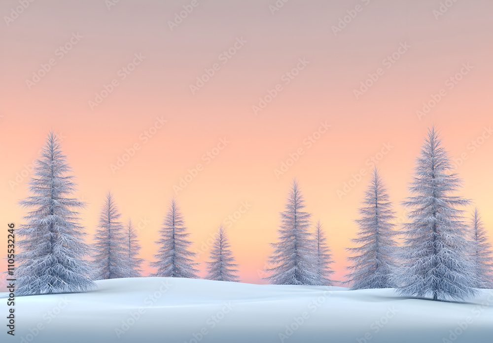 A serene winter landscape with snow - covered trees, a pastel sky, and soft pink sunset hues. A serene winter landscape with snow - covered trees, a pastel sky, and soft pink sunset hues.