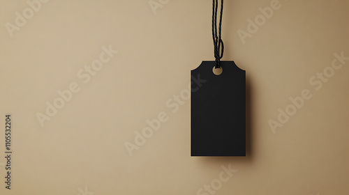 Black tag hanging on solid beige background, perfect for branding or pricing. This minimalist design adds elegance to any product display
