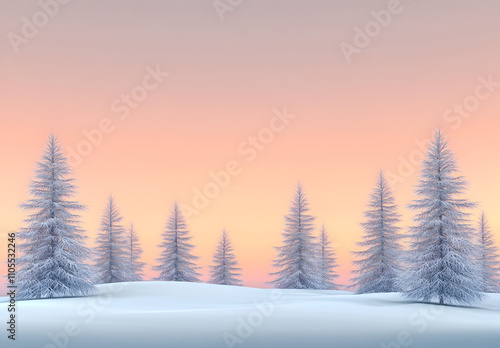 A serene winter landscape with snow - covered trees, a pastel sky, and soft pink sunset hues.