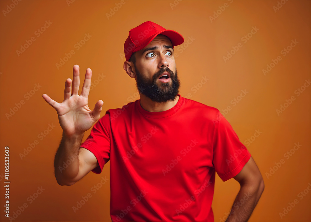 a male employee of a delivery company in a red uniform a male employee of a delivery company in a red uniform