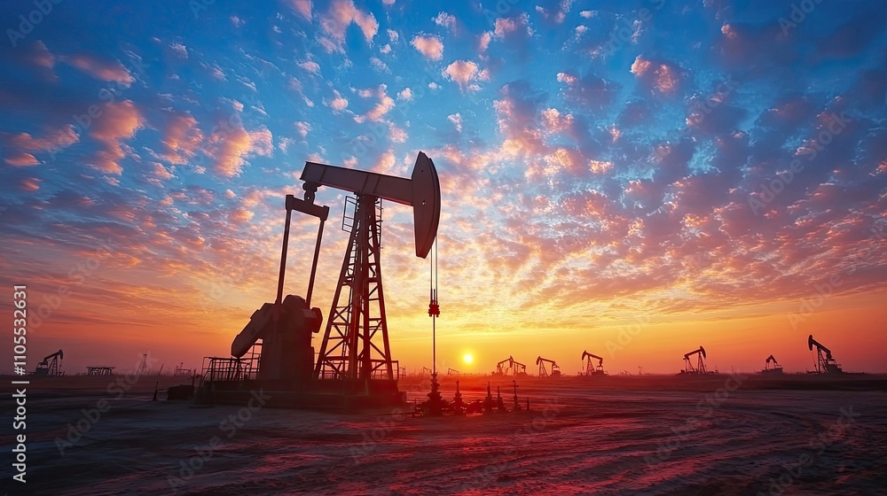 Silhouetted oil pumps against a vibrant sunset sky, showcasing the energy industry's impact on the landscape. Silhouetted oil pumps against a vibrant sunset sky, showcasing the energy industry's impact on the landscape.