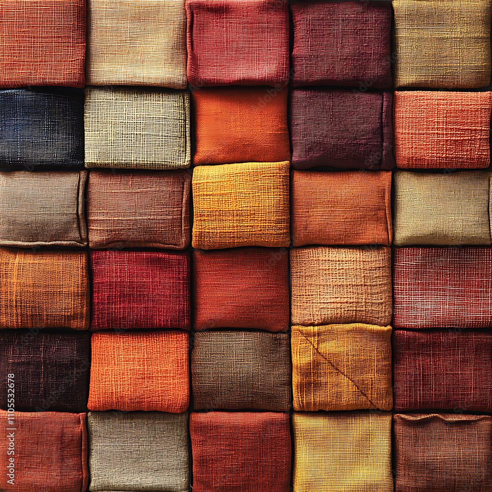 Vibrant collection of fabric swatches in warm colors, showcasing various textures and patterns. Ideal for design inspiration and textile projects Vibrant collection of fabric swatches in warm colors, showcasing various textures and patterns. Ideal for design inspiration and textile projects