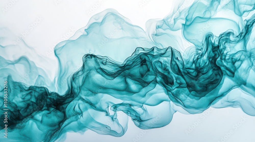 Flowing teal smoke swirling gracefully against a light background in an artistic display Flowing teal smoke swirling gracefully against a light background in an artistic display