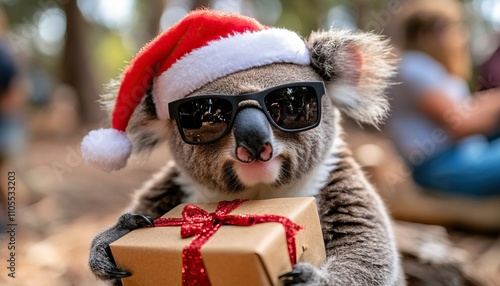 A festive koala in sunglasses holds a gift, wearing a Santa hat, set in a cheerful outdoor environment. photo