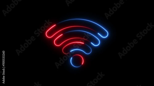 Neon glowing Wi-Fi icon animation. wifi hotspot icon motion.  sign, looped animation. Wireless internet, 5g wifi signal. Wi fi icon animation with neon shine.