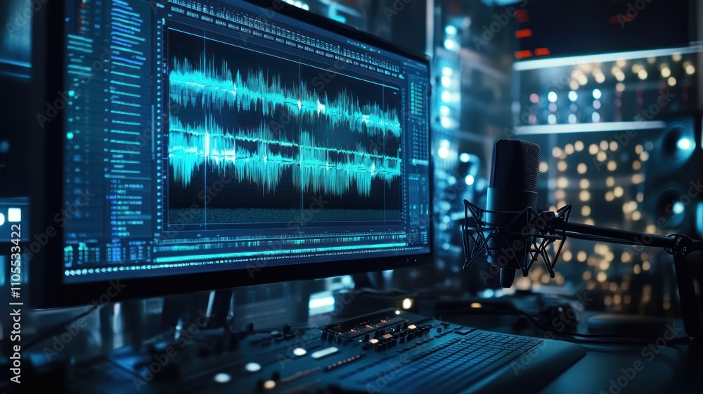 Audio editing studio with computer screen showing waveform, microphone, and mixing console. Audio editing studio with computer screen showing waveform, microphone, and mixing console.