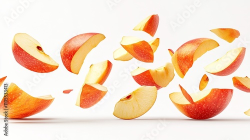 Natural fresh apple slices falling in the air in close-up against a translucent or white background  photo