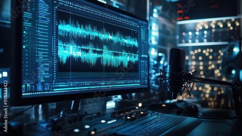 Wallpaper Mural Audio editing studio with computer screen showing waveform, microphone, and mixing console. Torontodigital.ca
