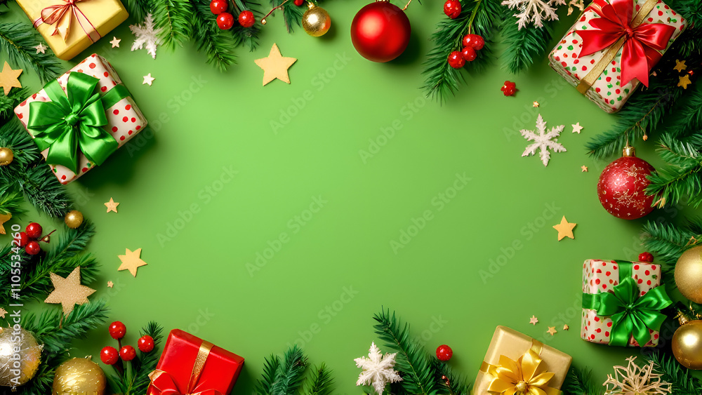 Top view of beautifully wrapped Christmas presents with green bows and festive decorations on a green background with copyspace. Top view of beautifully wrapped Christmas presents with green bows and festive decorations on a green background with copyspace.