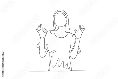 Single continuous line drawing of A very cheerful woman with okay hand poses. Dynamic single line draw design graphic vector illustration.
