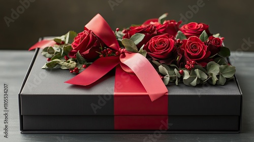 Elegant Valentineâ€™s Day gift box with a red ribbon and roses. photo