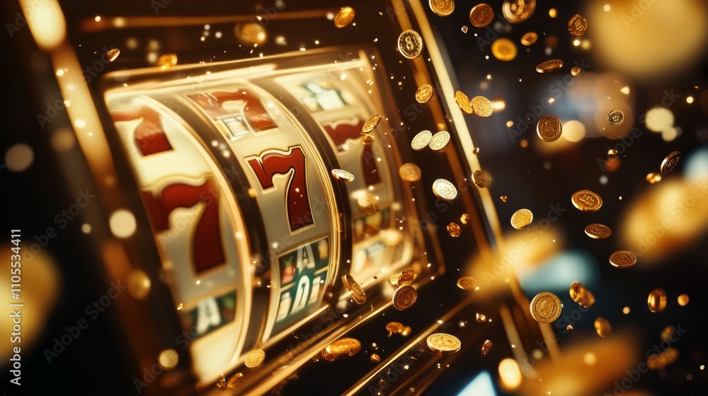 Triple sevens on a slot machine with coins raining down dramatically, symbolizing a moment of luck and wealth in a lively casino