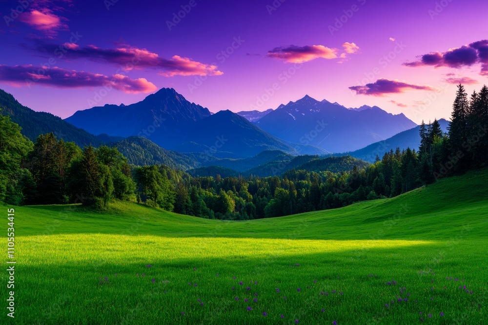 Vibrant Green Meadow with Mountain Range and Purple Sunset Sky Vibrant Green Meadow with Mountain Range and Purple Sunset Sky