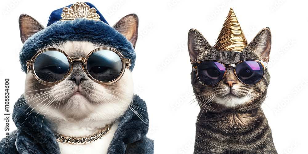 Two stylish cats wearing sunglasses and party hats, showcasing a fun and playful vibe with their fashionable accessories. Two stylish cats wearing sunglasses and party hats, showcasing a fun and playful vibe with their fashionable accessories.