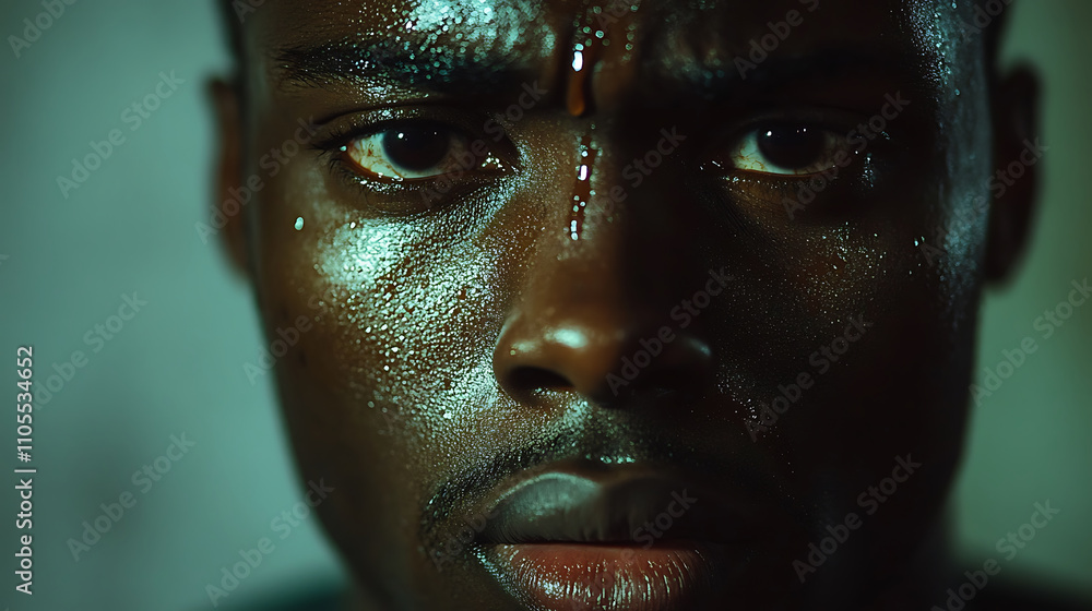 Intense close up of fair skinned black man with tear running down his face, showcasing deep emotions and glossy skin texture. lighting highlights his expression Intense close up of fair skinned black man with tear running down his face, showcasing deep emotions and glossy skin texture. lighting highlights his expression